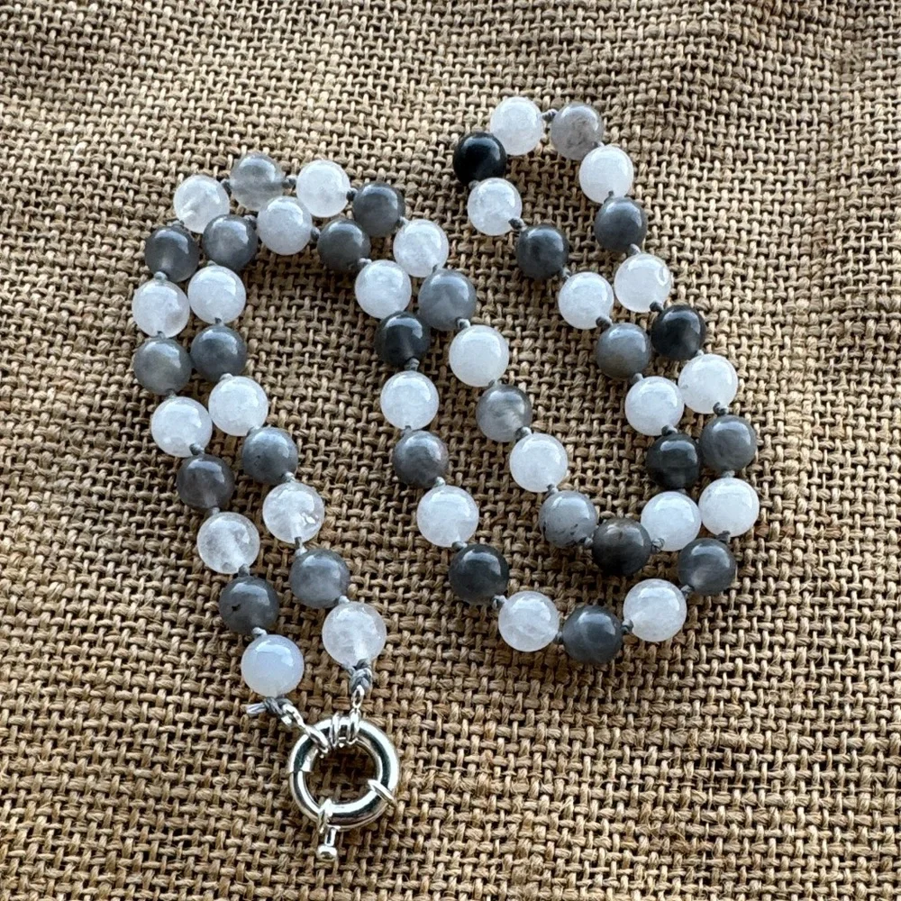 Moonstone & Clear Quarts knotted necklace handmade